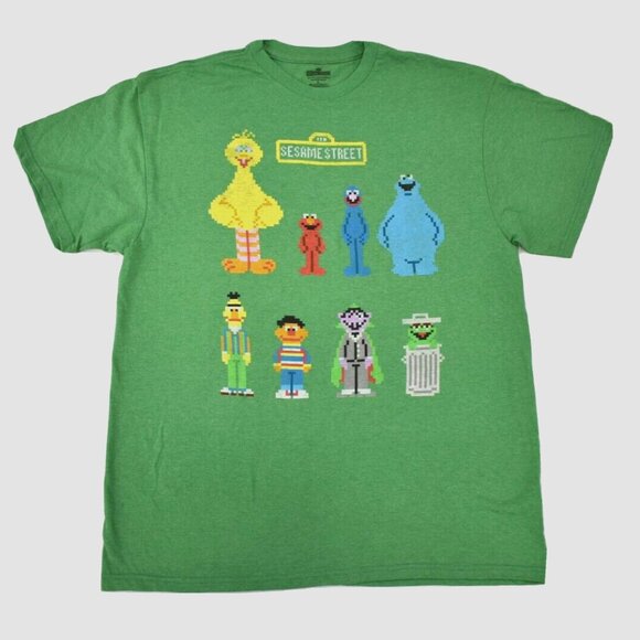 Sesame Street Mens 8-Bit Pixel Graphic Big Bird, Elmo, Grover Green Shirt New L - Picture 1 of 4